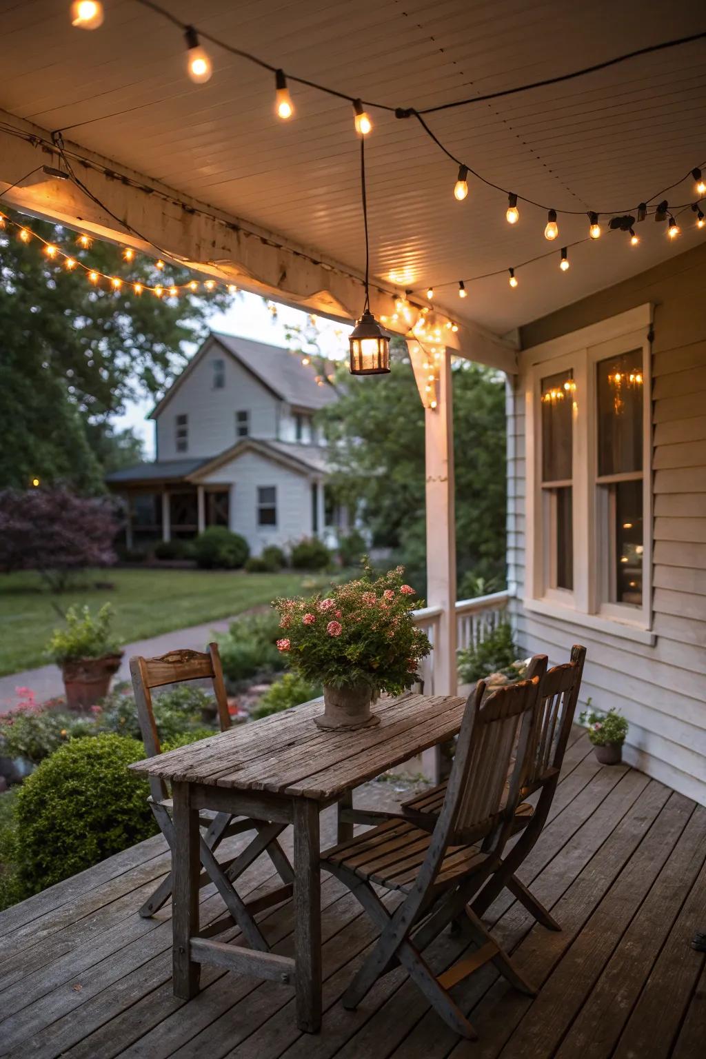 Fairy lights add warmth and magic to your country porch nights.