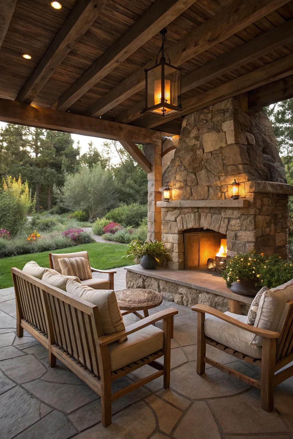 A stone fireplace invites warmth and conversation.