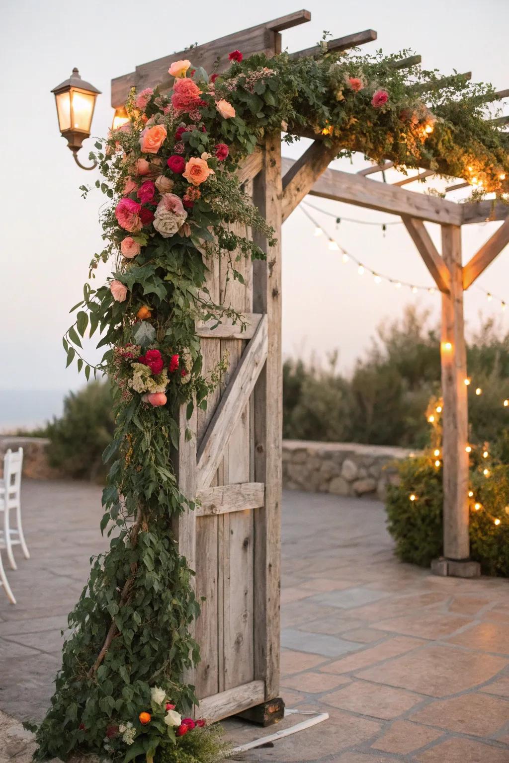 An elegantly weathered gateway exquisitely adorned with greenery and flowers.