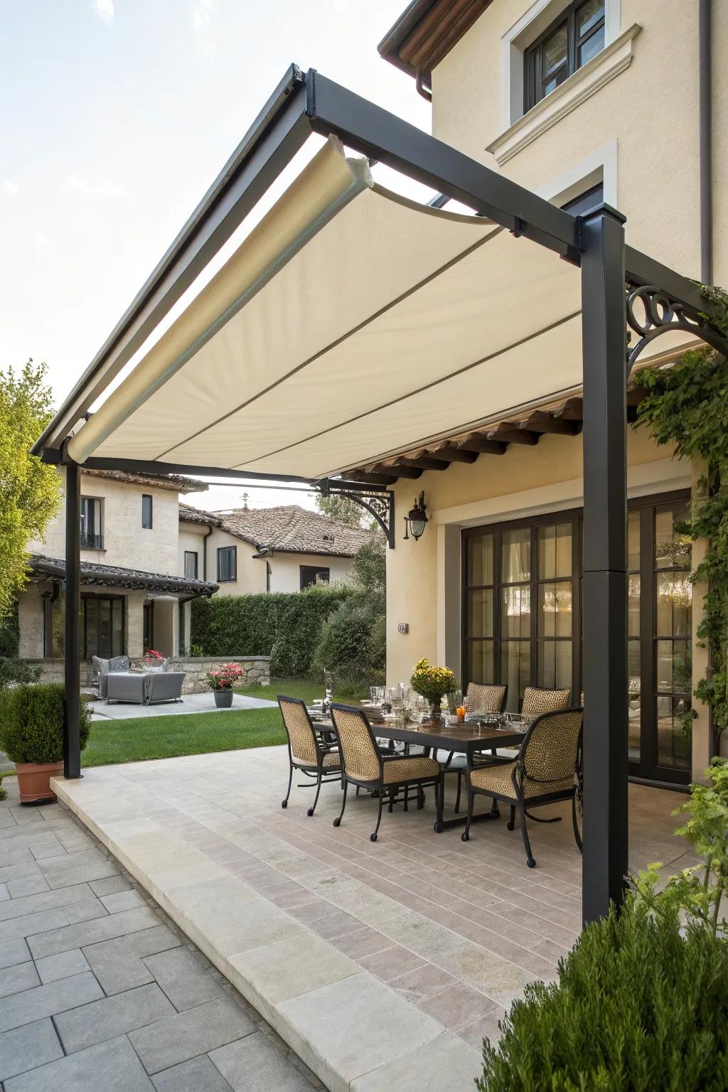 A roll-away cover offering adjustable shade over a charming dining area.