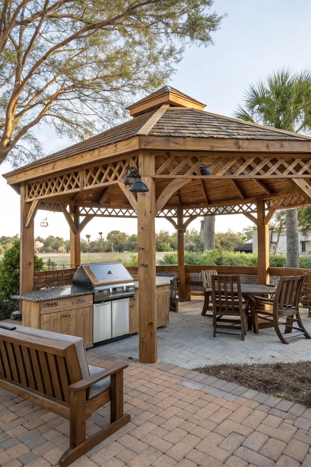 A rustic gazebo creates a warm, inviting BBQ area.