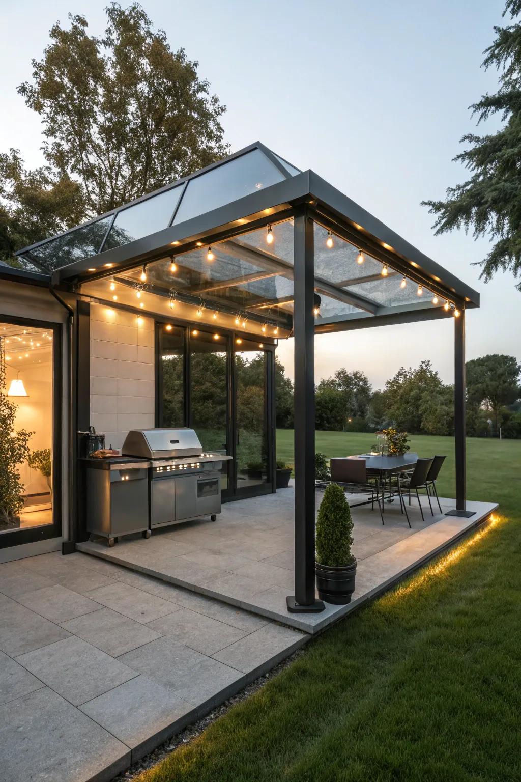 A contemporary cabana showcasing integrated LED lamps illuminating the grilling precinct.