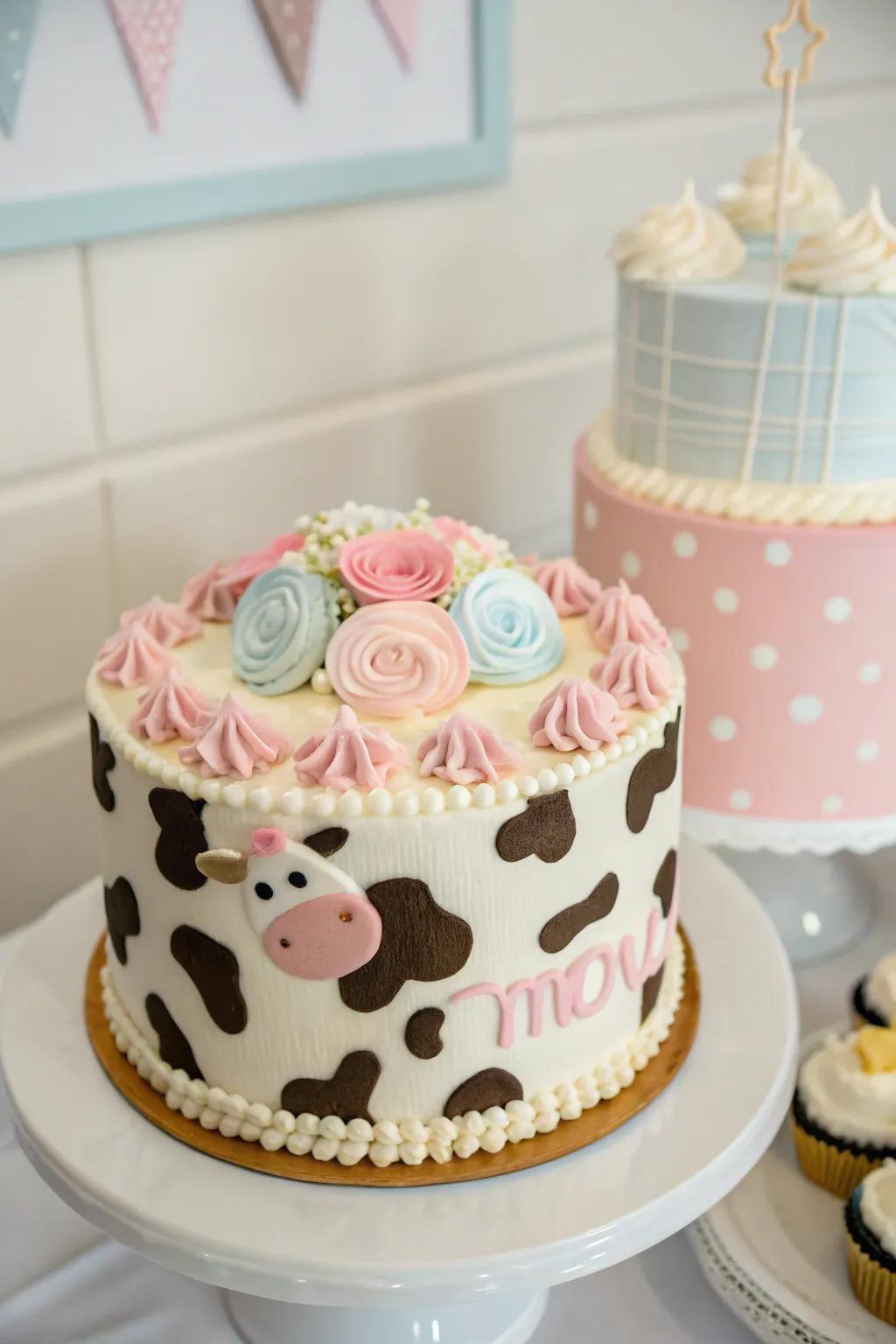 A striking cow pattern cake that provides an enjoyable element to the cowgirl baby shower.