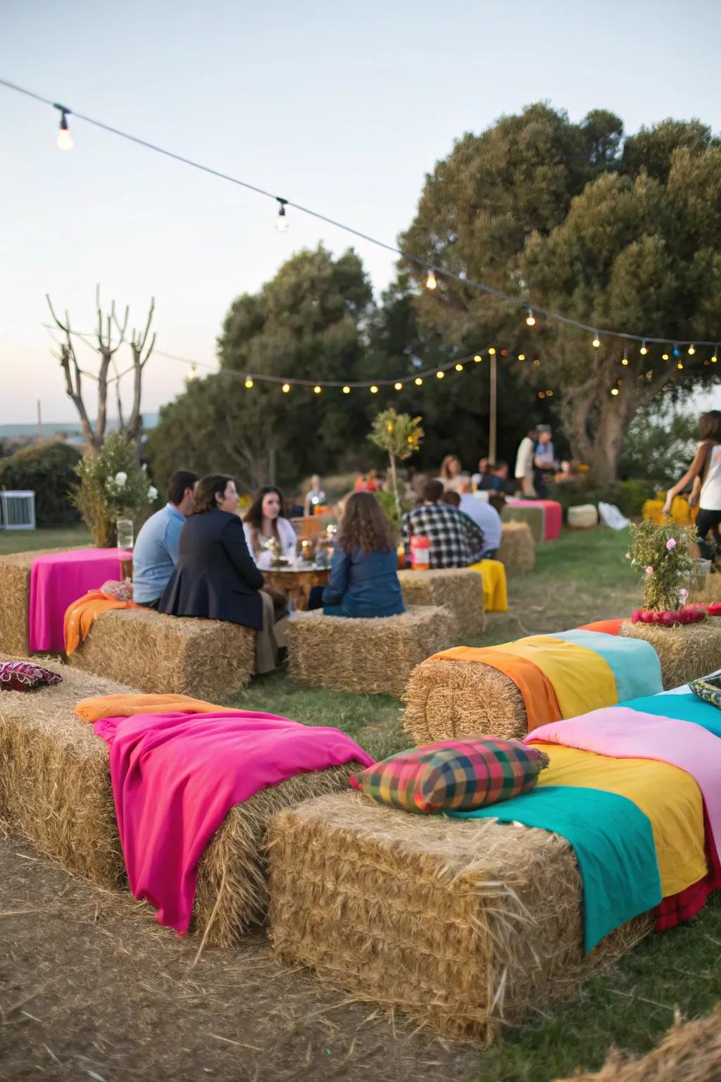 Hay stacks provide countryside seating with a pop of color for a cozy get-together.