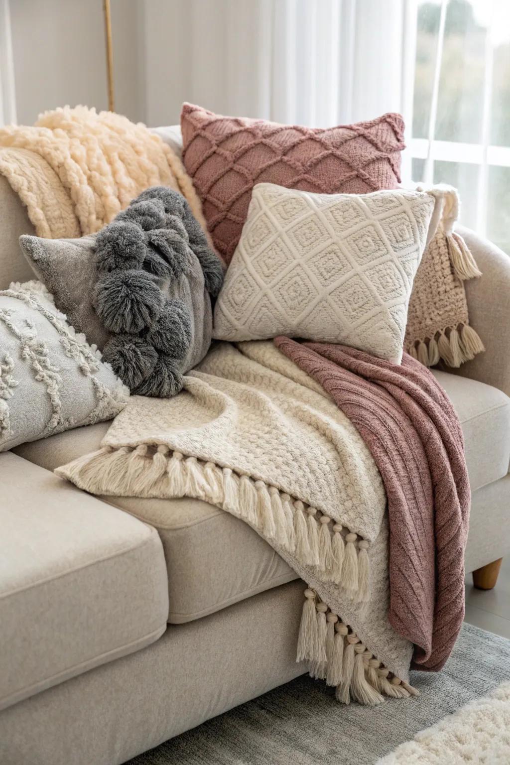Layered fabrics establish an inviting and comforting atmosphere.