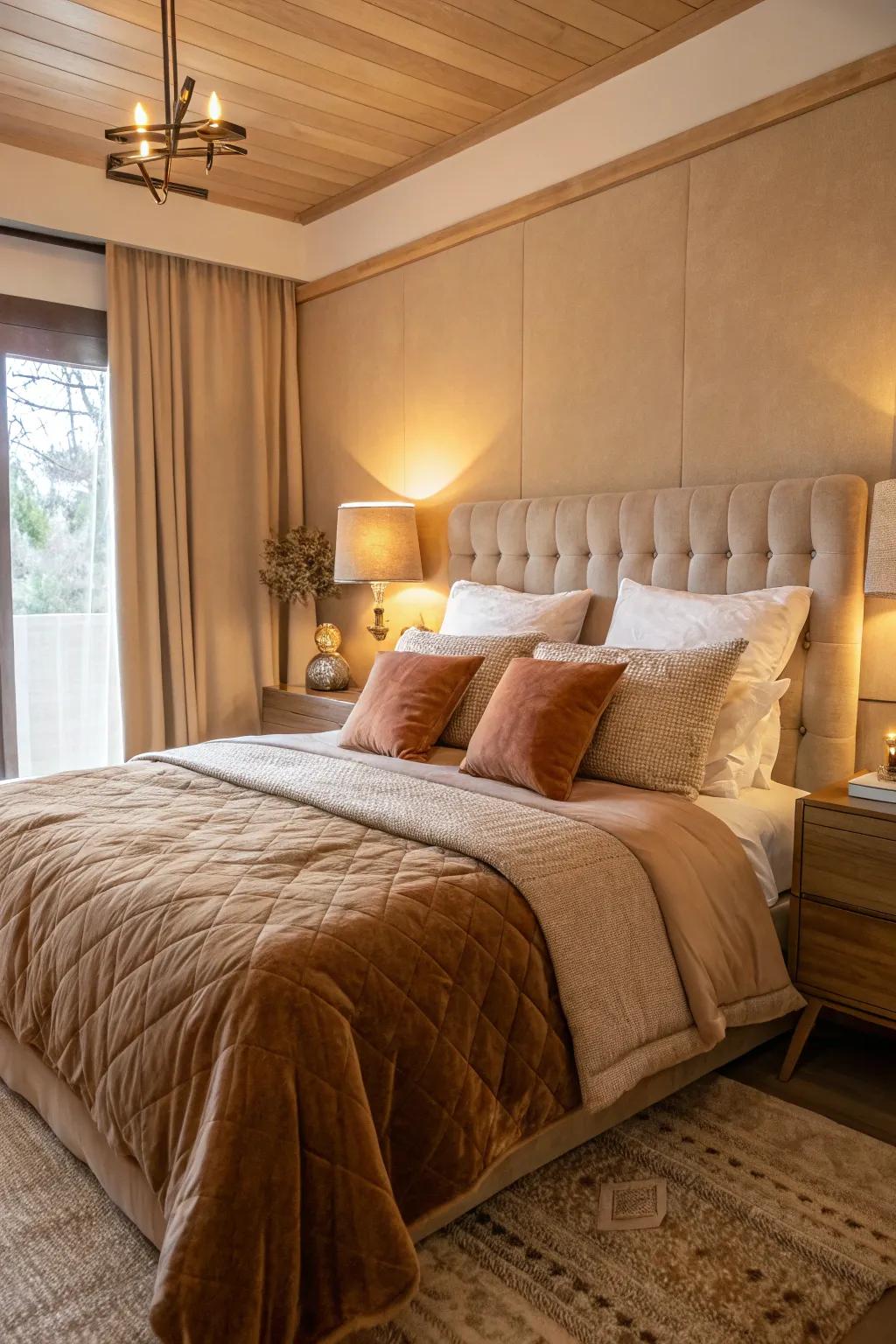 A welcoming bedroom displays irresistible toffee bed linens and softly diffused ambient lighting.
