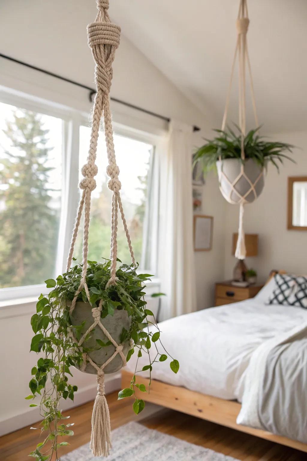 Plants that hang give your bedroom decor a playful, space-saving touch.