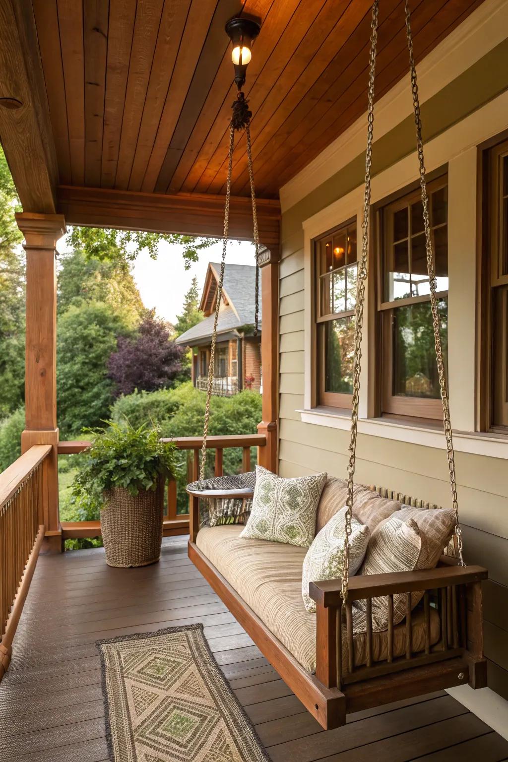 A swing makes for a tranquil porch experience.