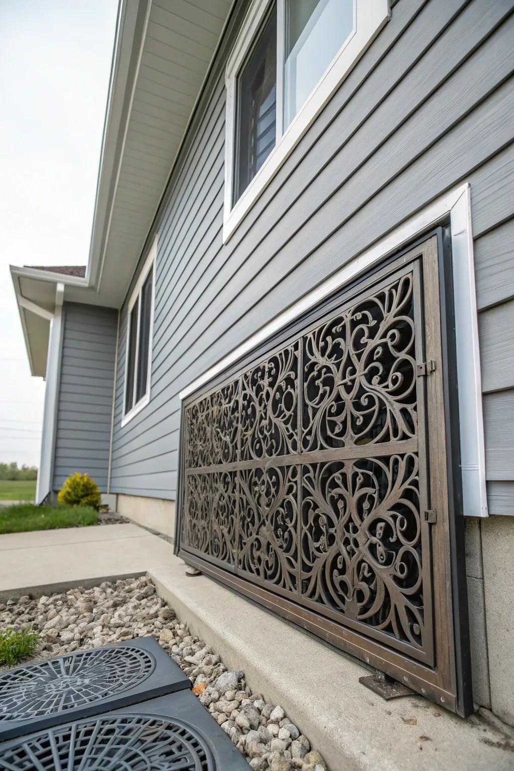 A chic steel grate offers a modern vibe to the crawl space entrance.