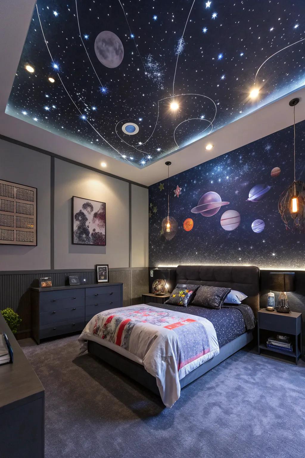 A space-themed bedroom with a starry ceiling and cosmic decor.