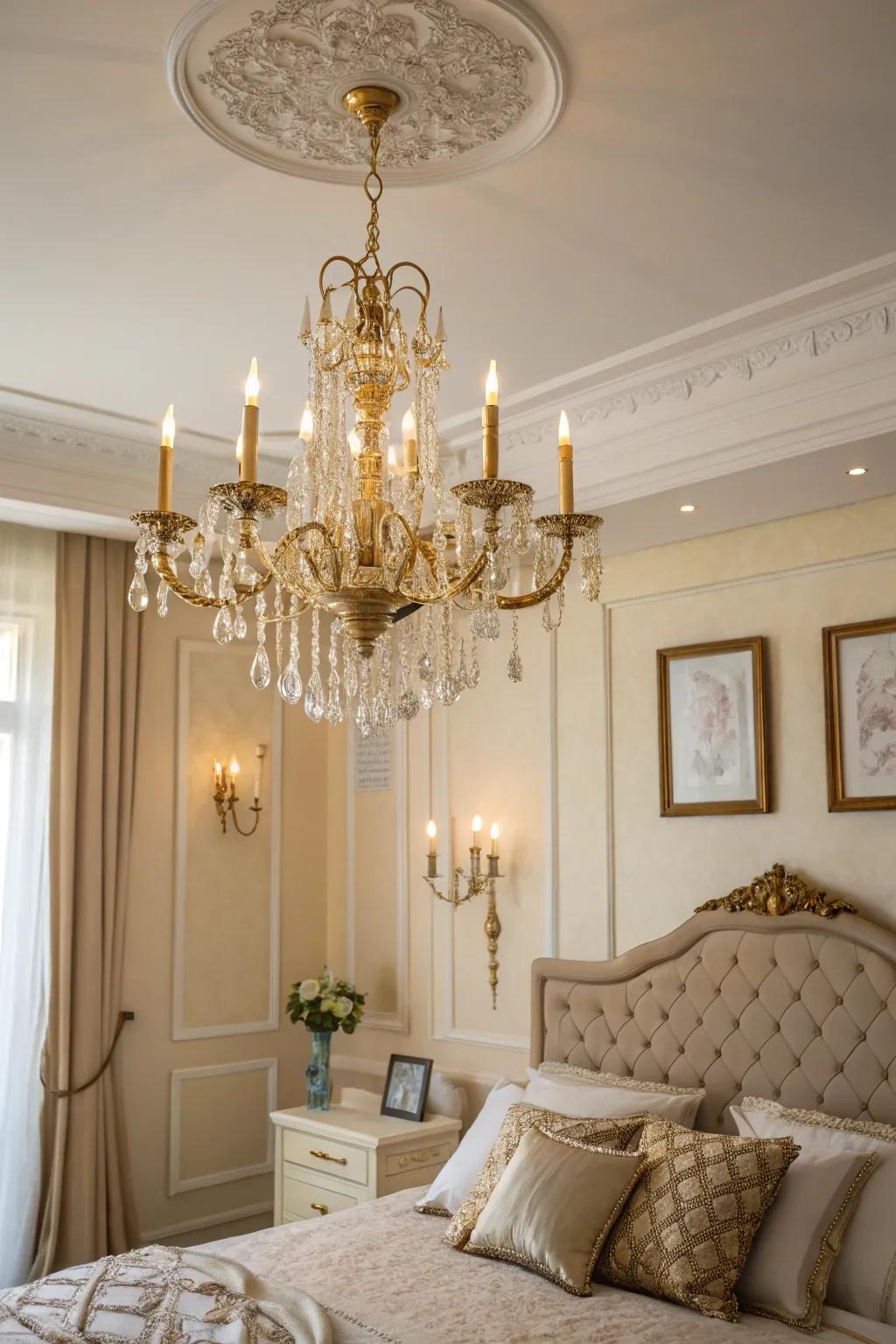 A statement pendant light elevates the room's grandeur and charm.