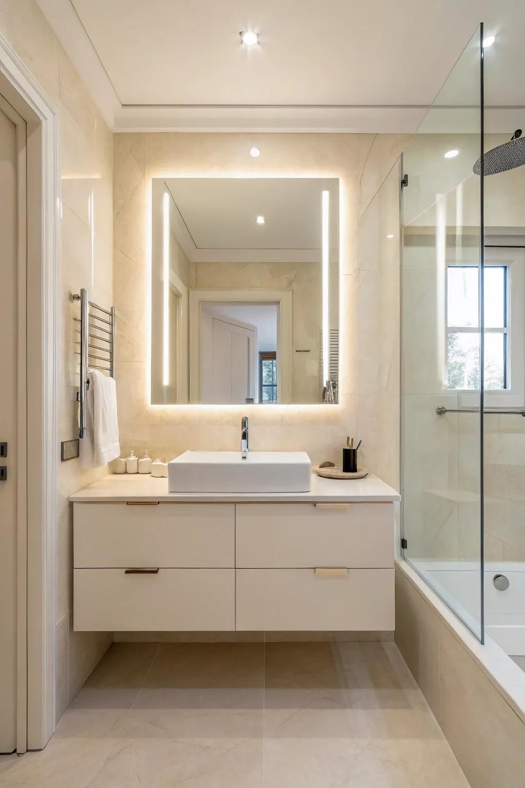 Streamlined design components elevate this modern cream-themed bathroom.