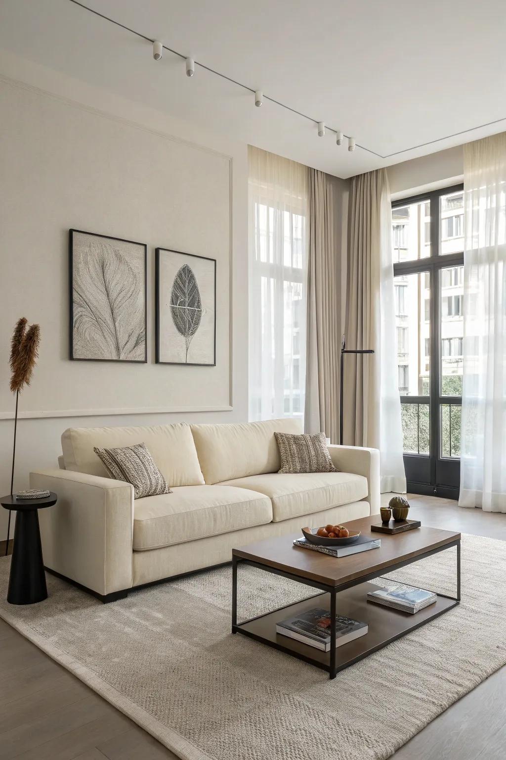 Modern simplicity shows the elegant lines of a vanilla sofa.