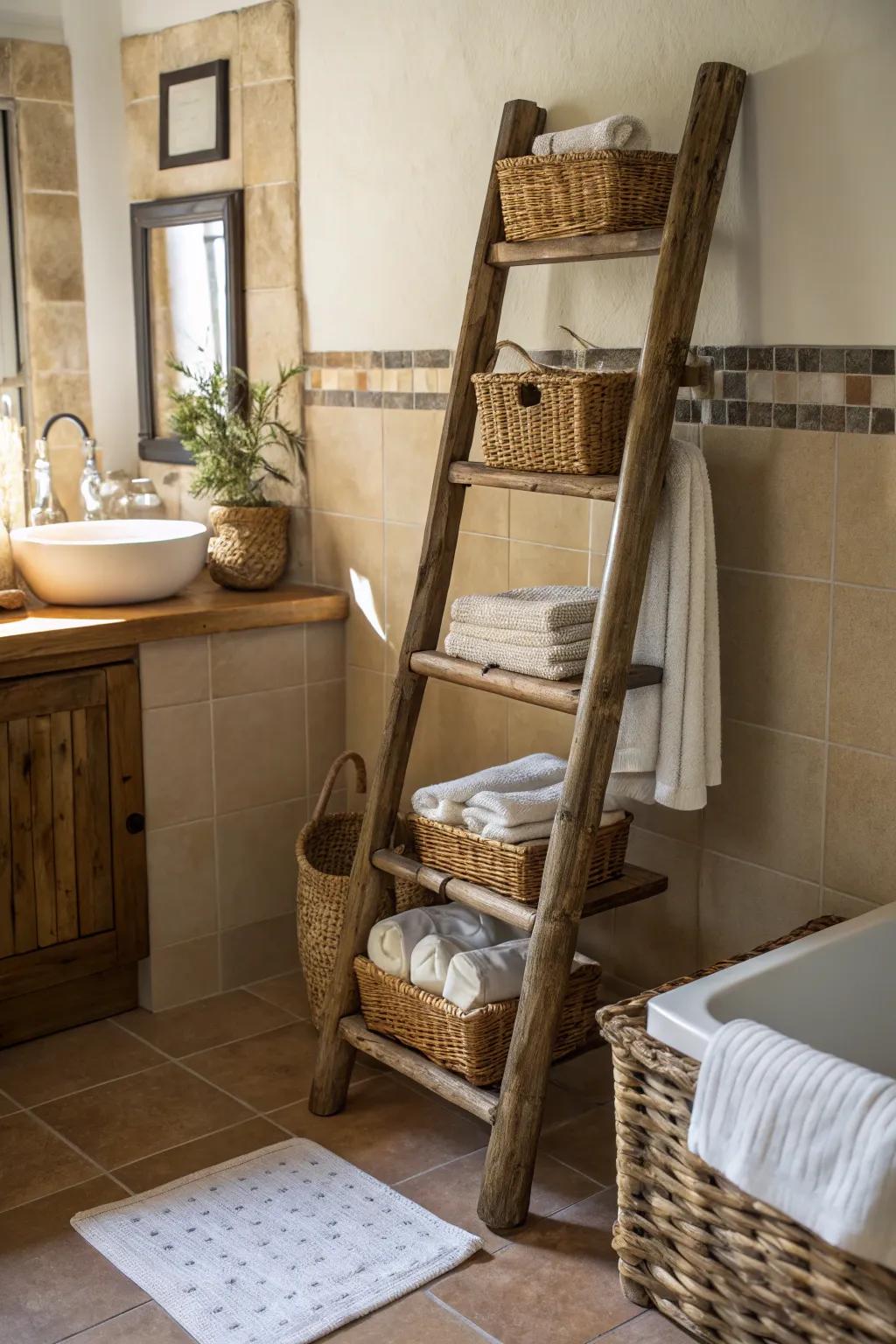 Step-style shelves contribute an element of rustic appeal while delivering practical storage.