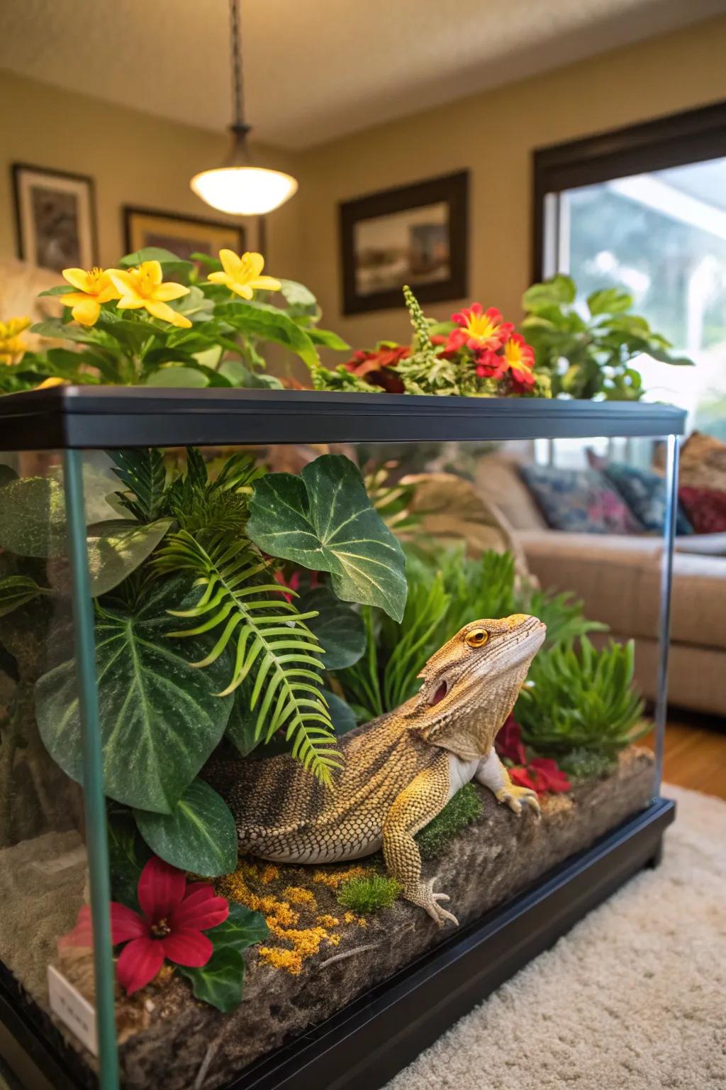 A bearded dragon habitat transformed into a tropical escape with vibrant flora.