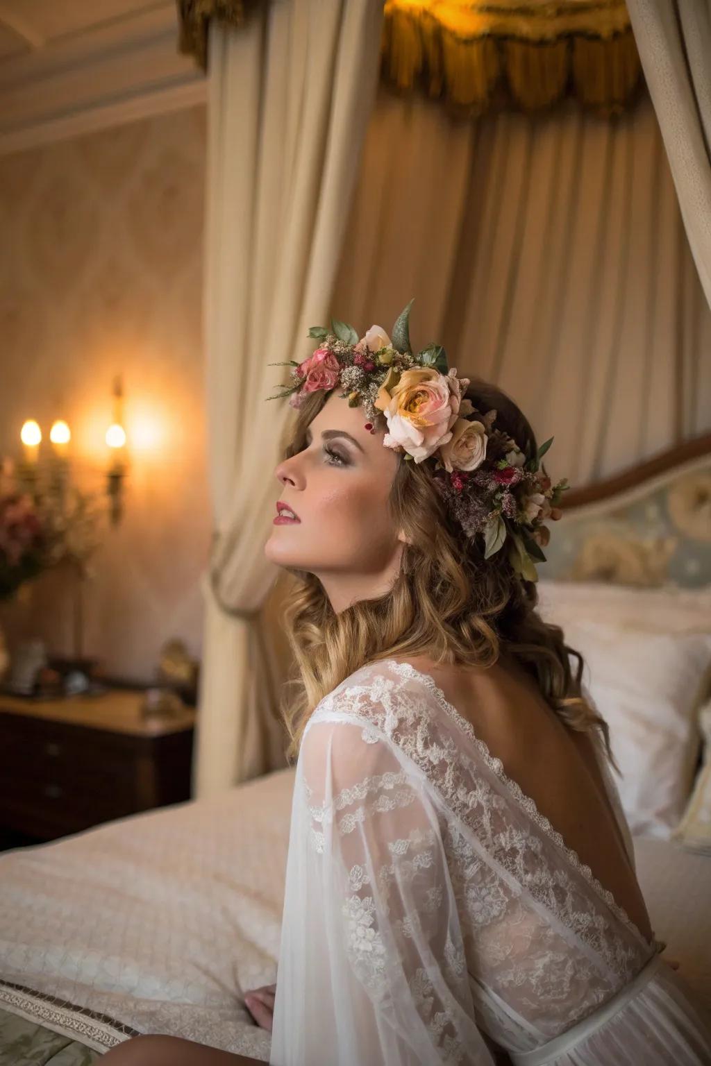 A heartfelt boudoir depiction showcasing a floral adornment.