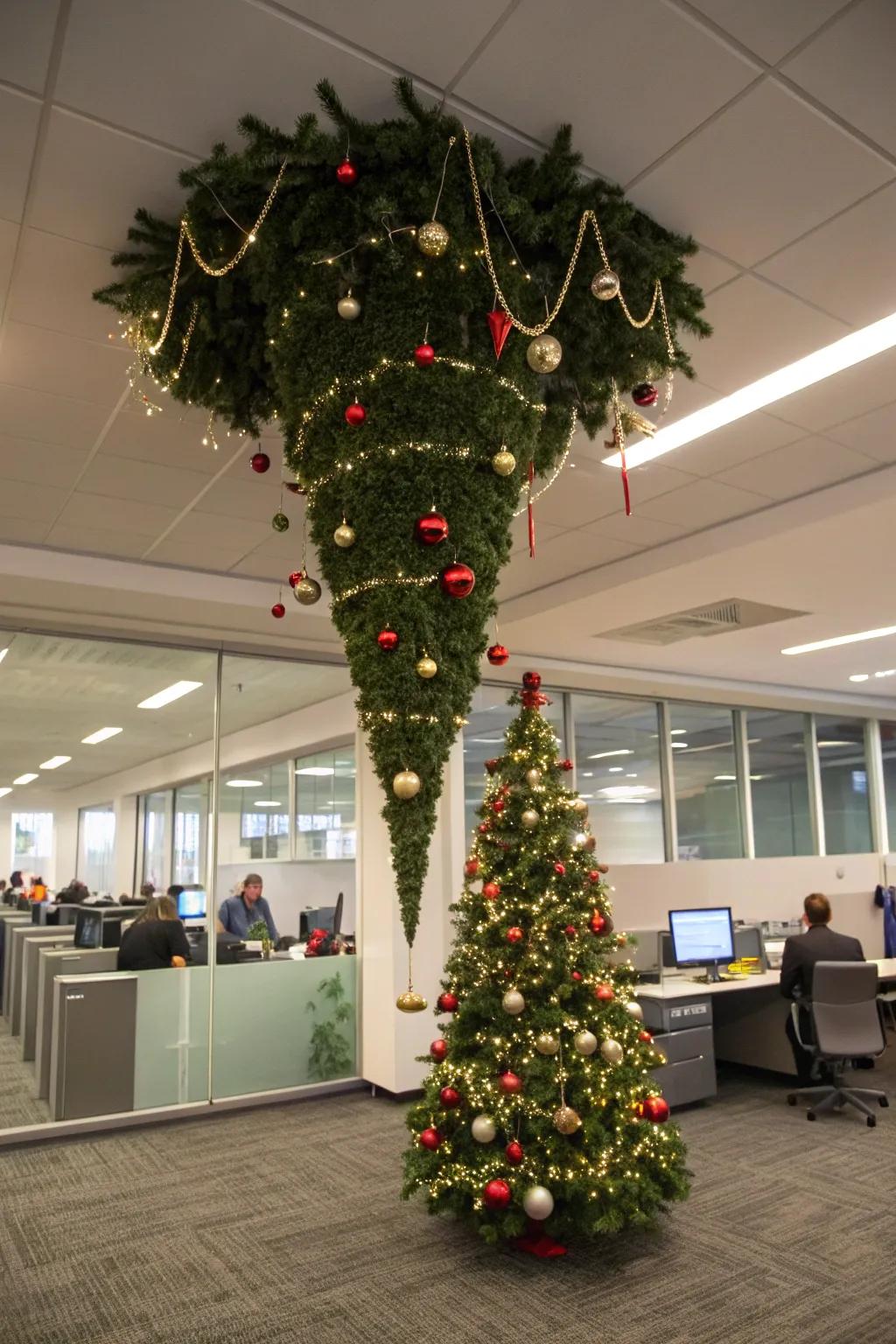 An inverted holiday tree adds a distinctive spin to office decorations.