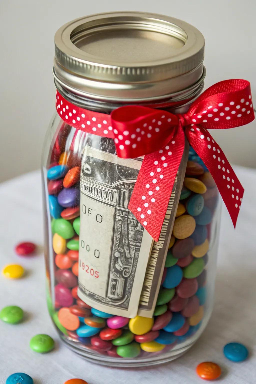 A container overflowing with sweets containing a monetary surprise.