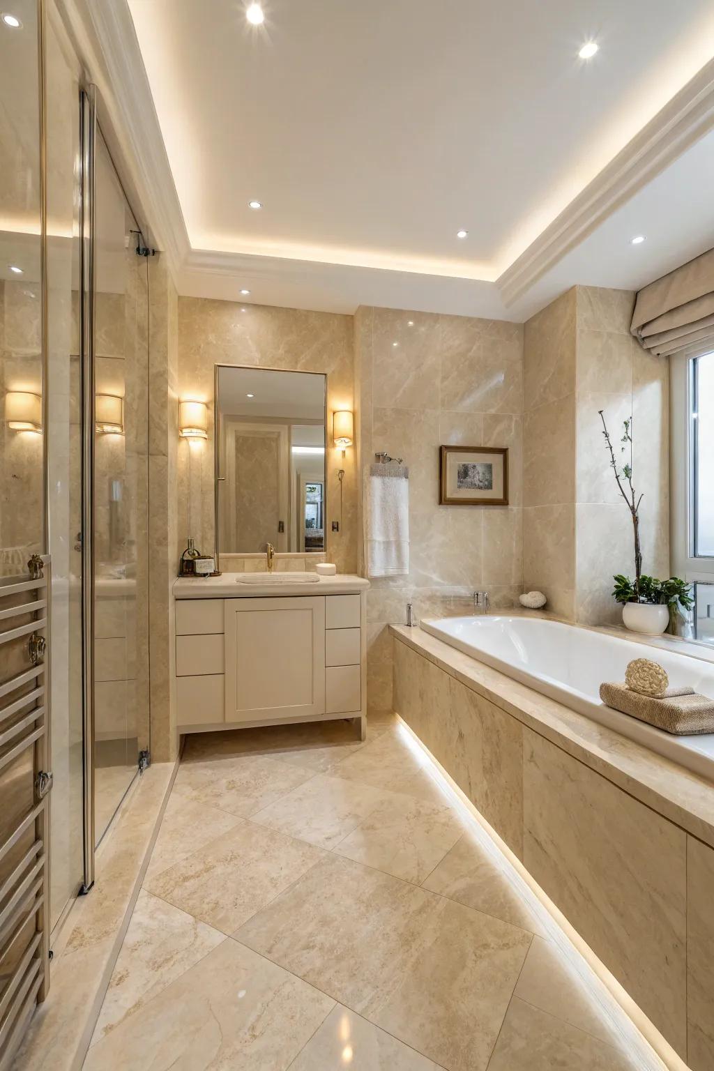 Pale hues and ivory dream design a serene bathroom atmosphere.