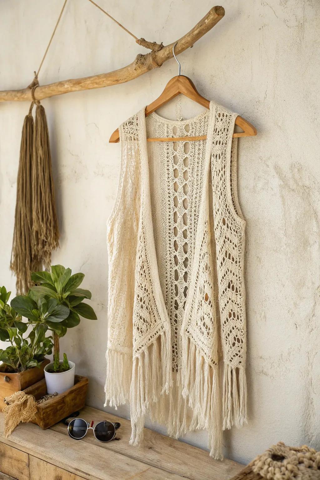 Effortlessly stylish: Embrace bohemian refinement with this tassel-embellished hand-stitched vest, a must-have for your summer collection.