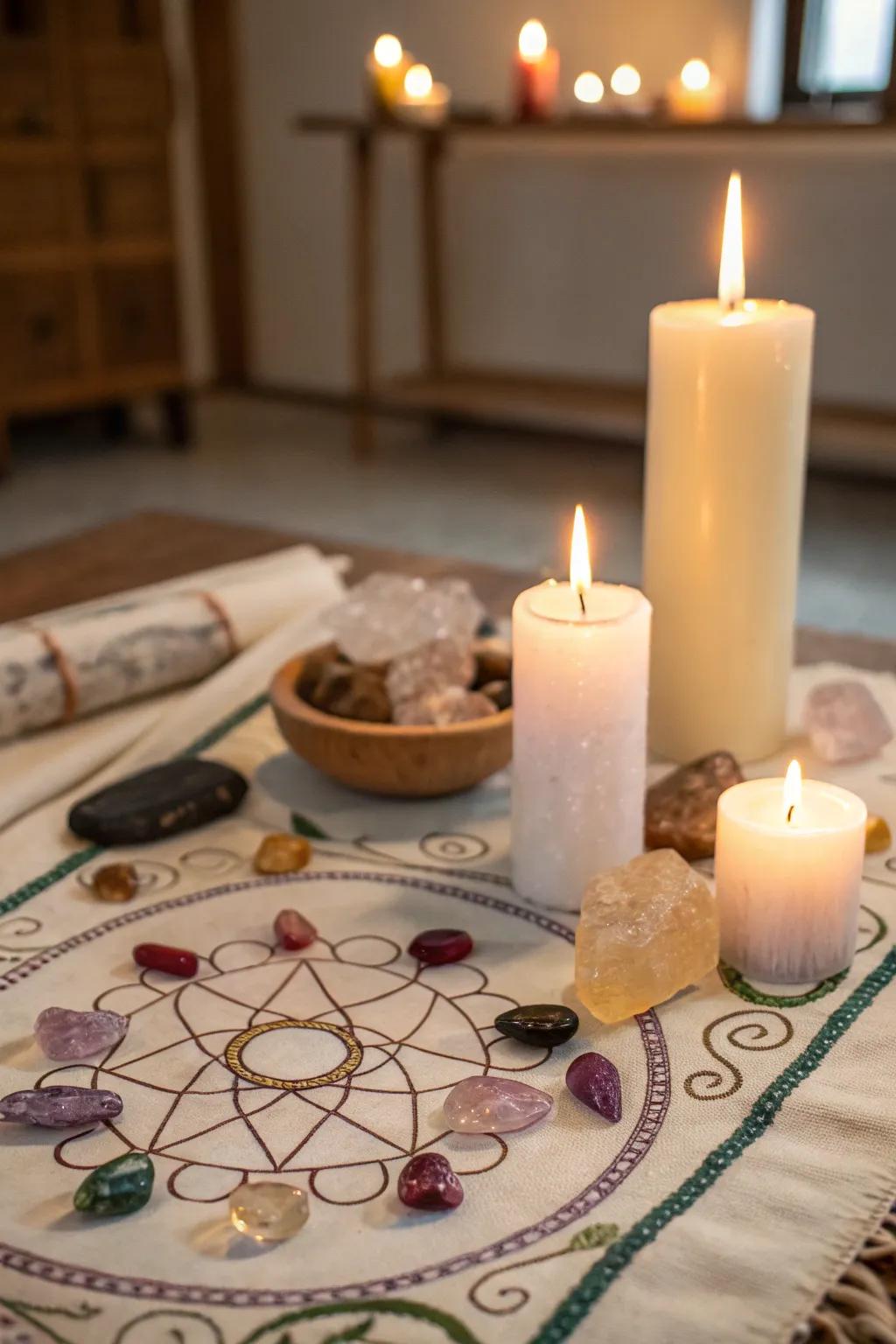 Wax lights heighten the inviting feel of this gemstone sanctuary.