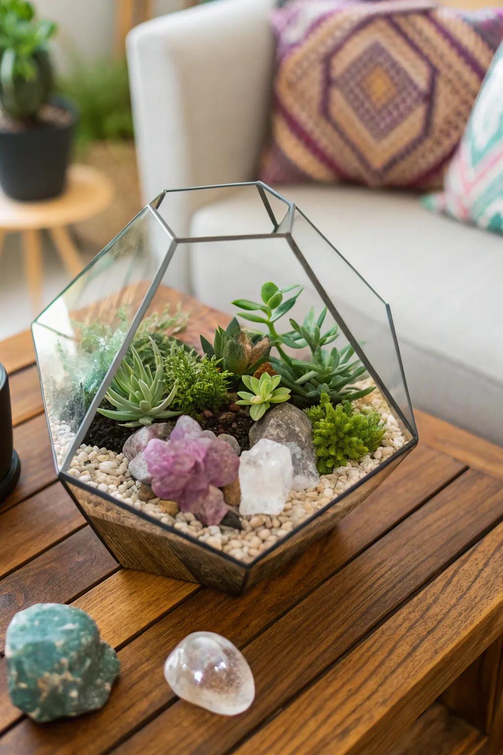 A glass terrarium with crystals and plants for a natural vibe.