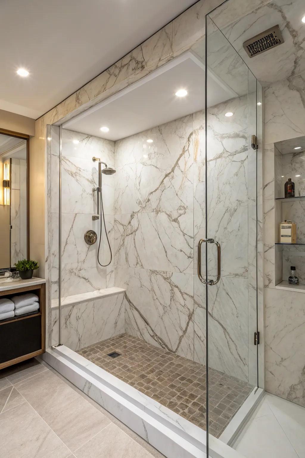 Distinctive vein patterns introduce a special element to manufactured stone showers.