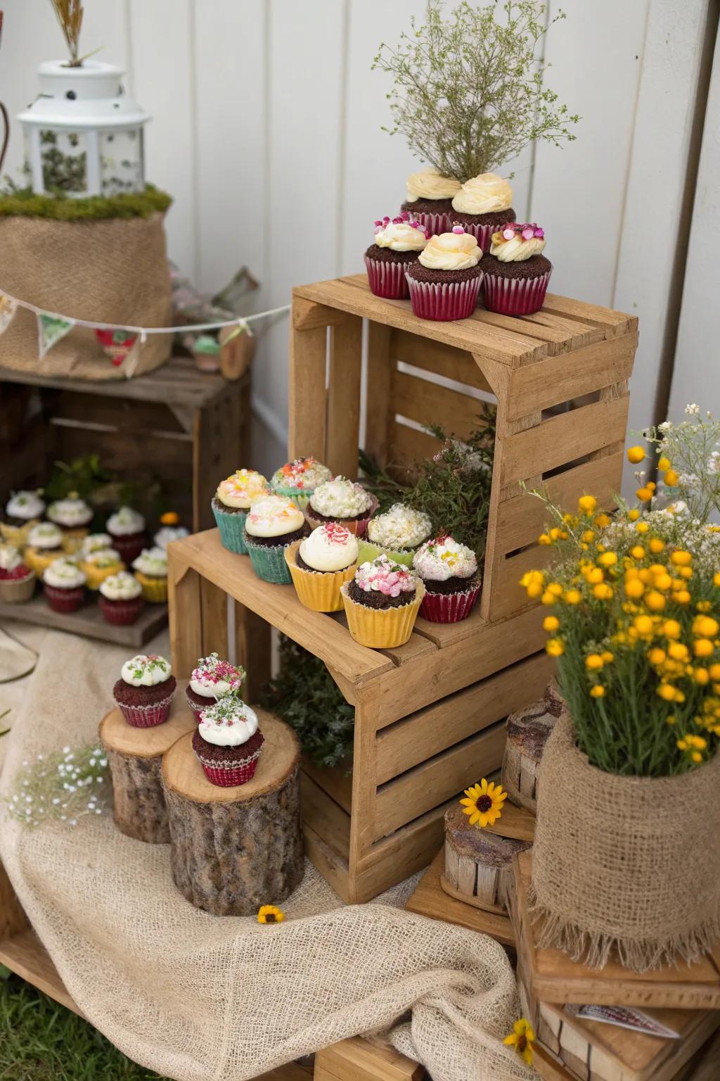 Cupcakes arranged in wooden crates to evoke rustic charm.