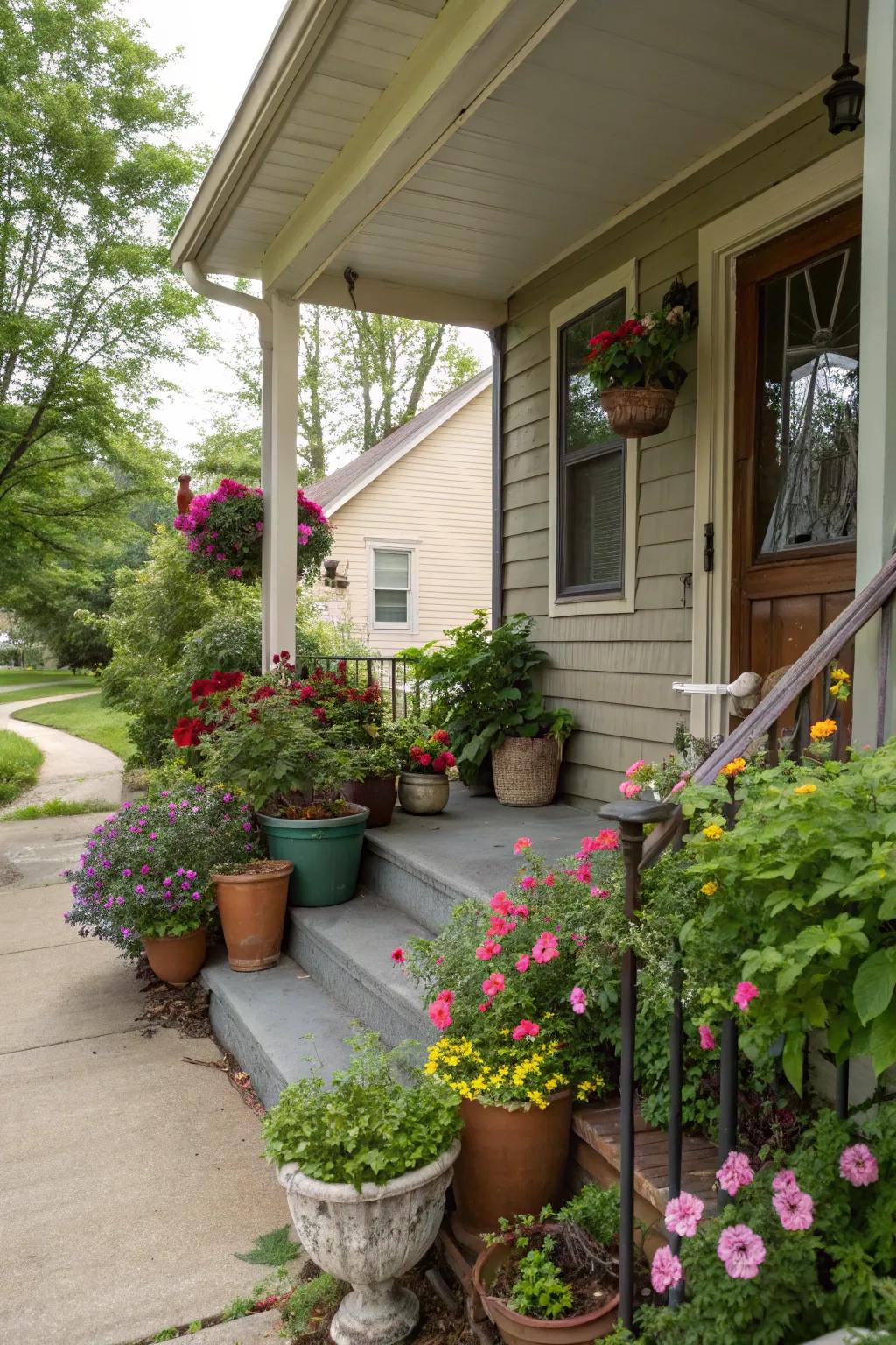 Potted plants add a welcoming touch and vibrant color to any porch.
