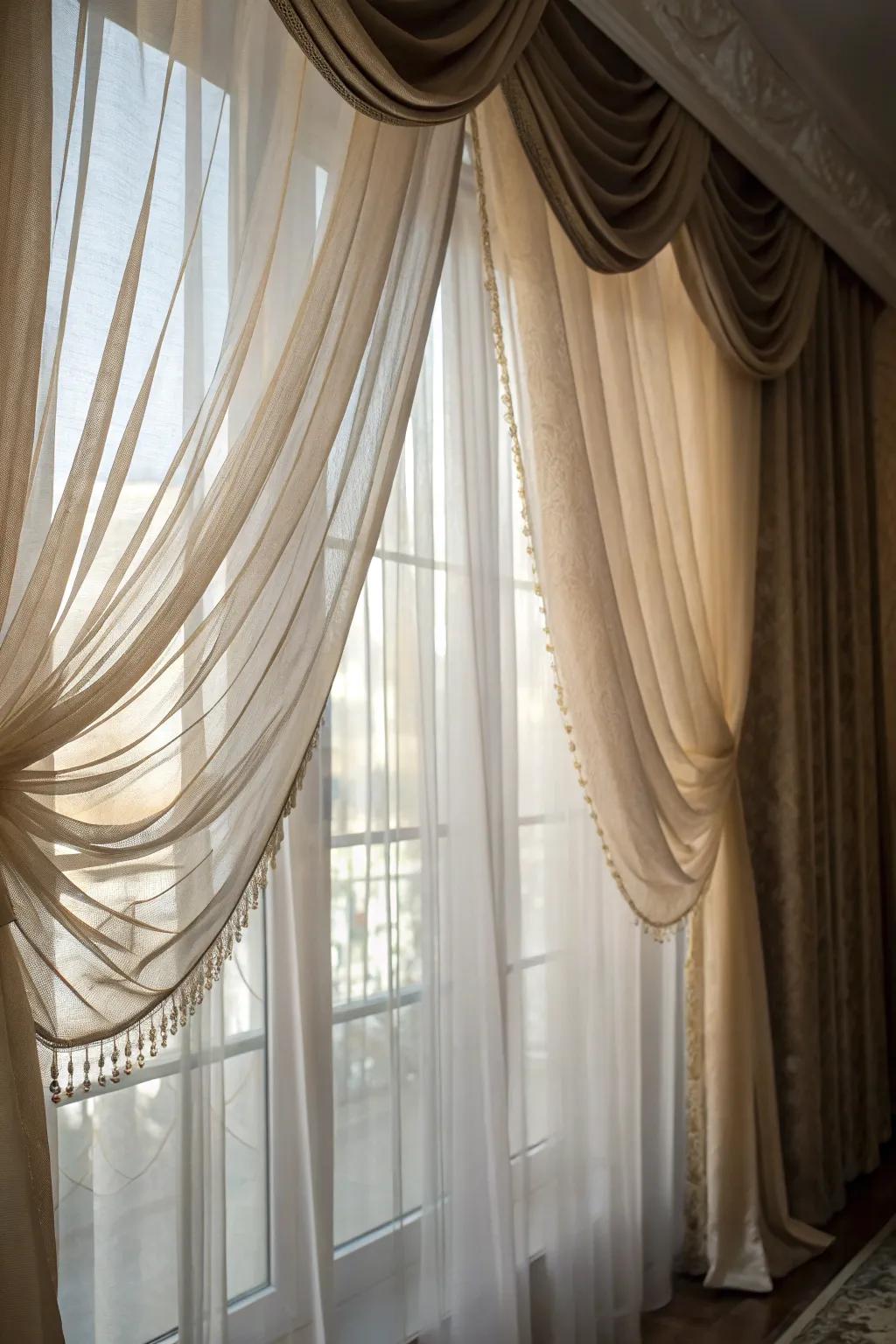 Multi-layered window treatments provide style and flexibility.