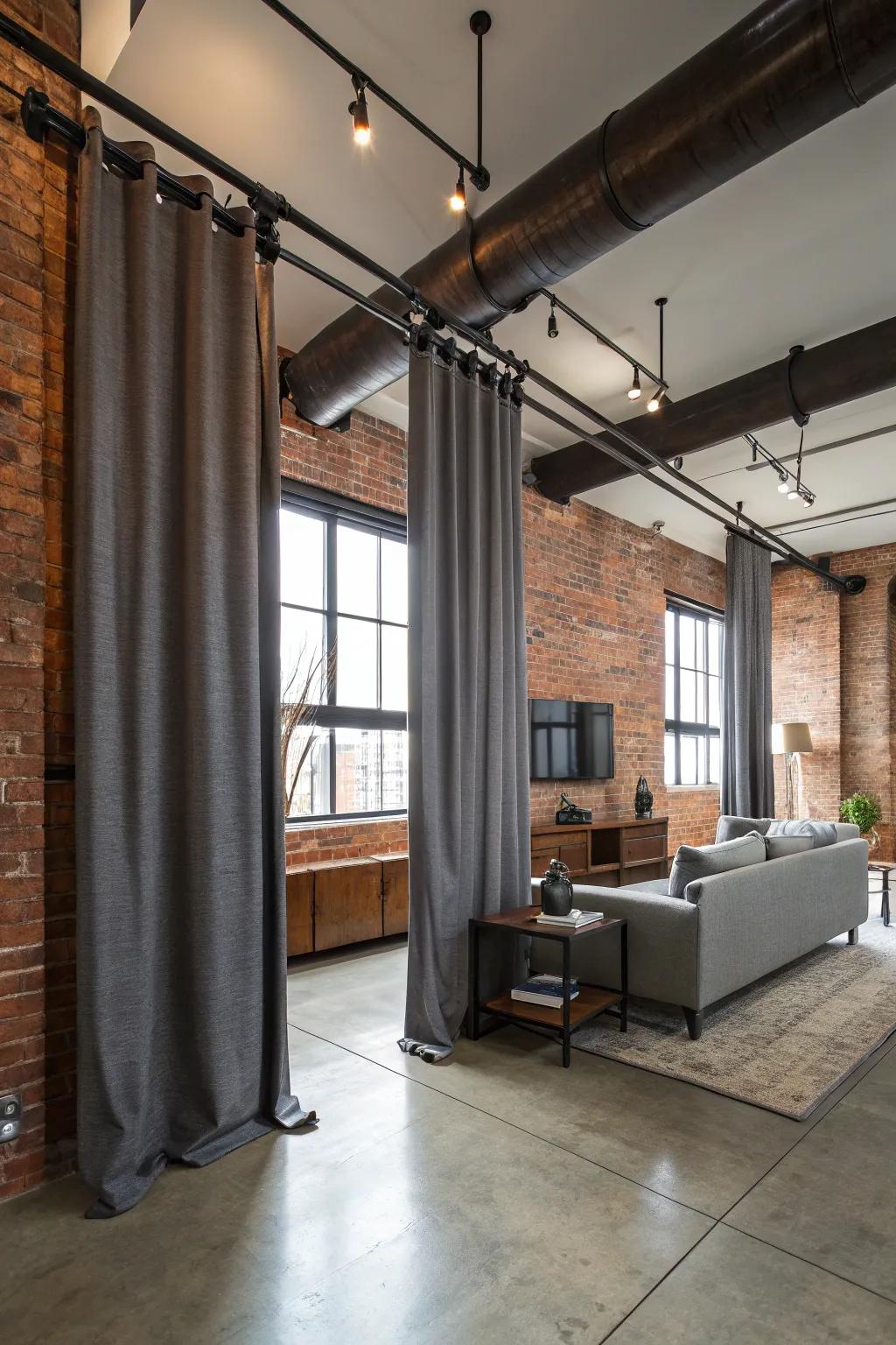 Metal tubing as curtain rods produces a noteworthy urban-chic ambiance.