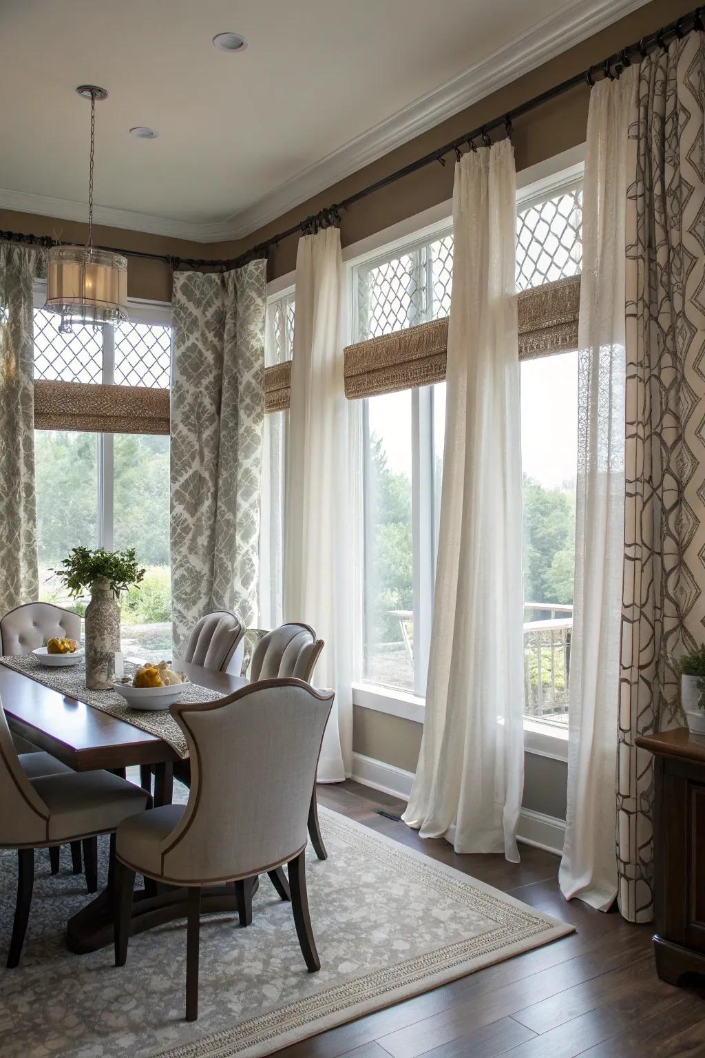 Tiered curtains contribute proportion and functionality to areas with numerous windows.