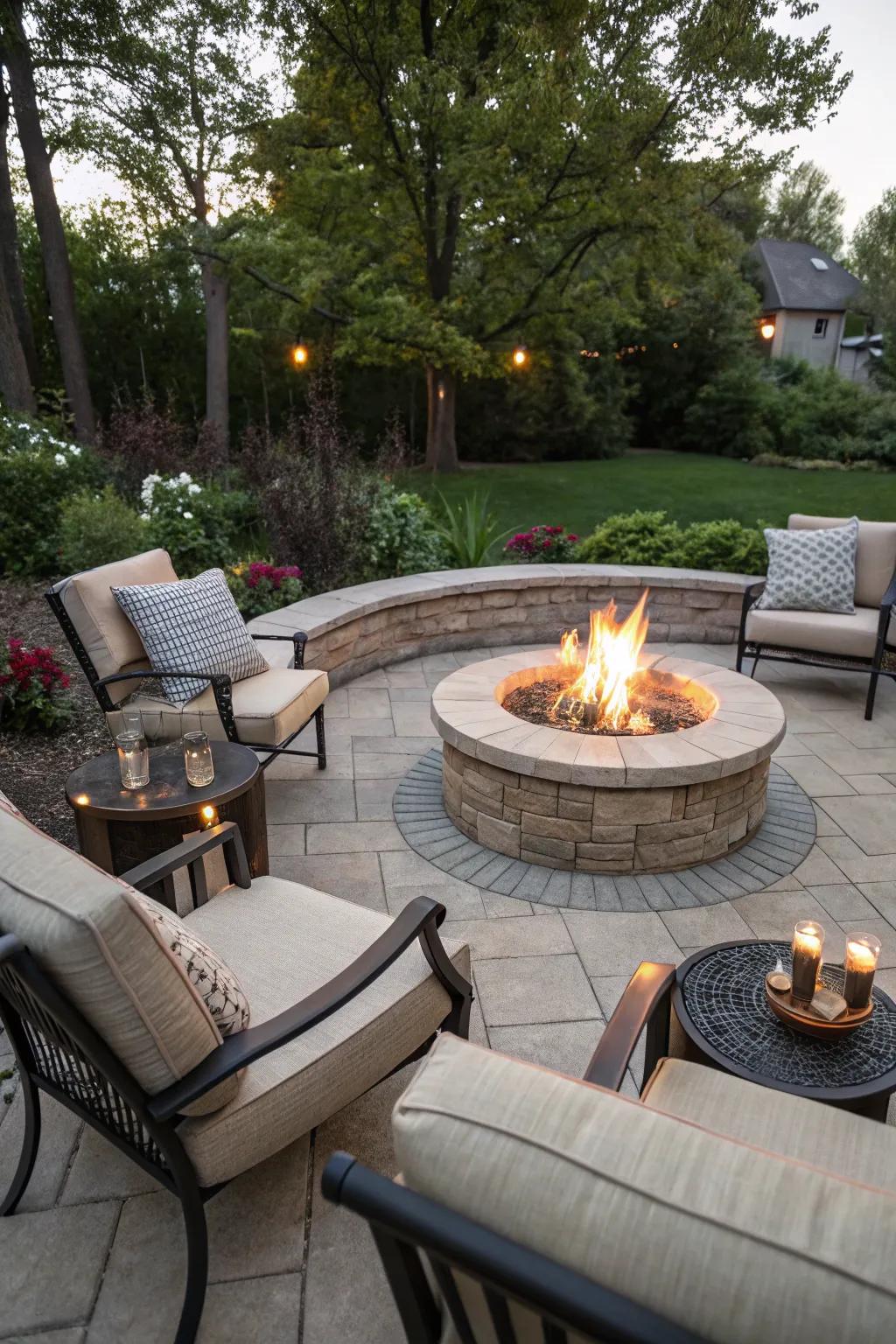An alluring open-air patio showcasing a main rounded fire area and pleasant seating.