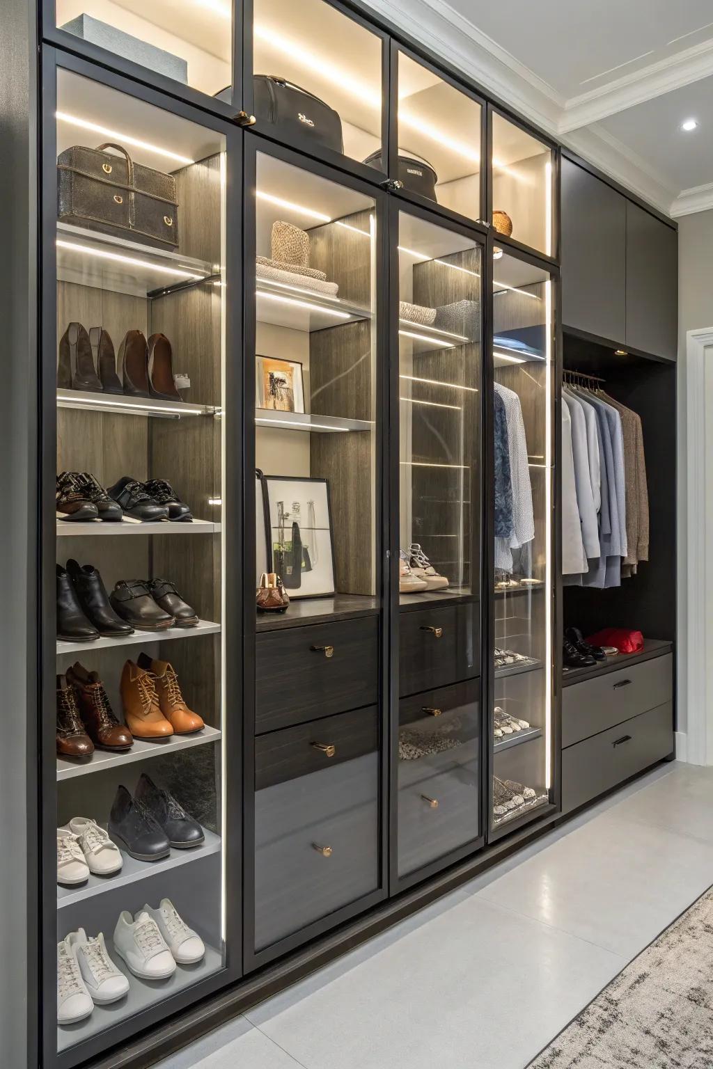 Transform your closet into a stylish display with transparent door storage.