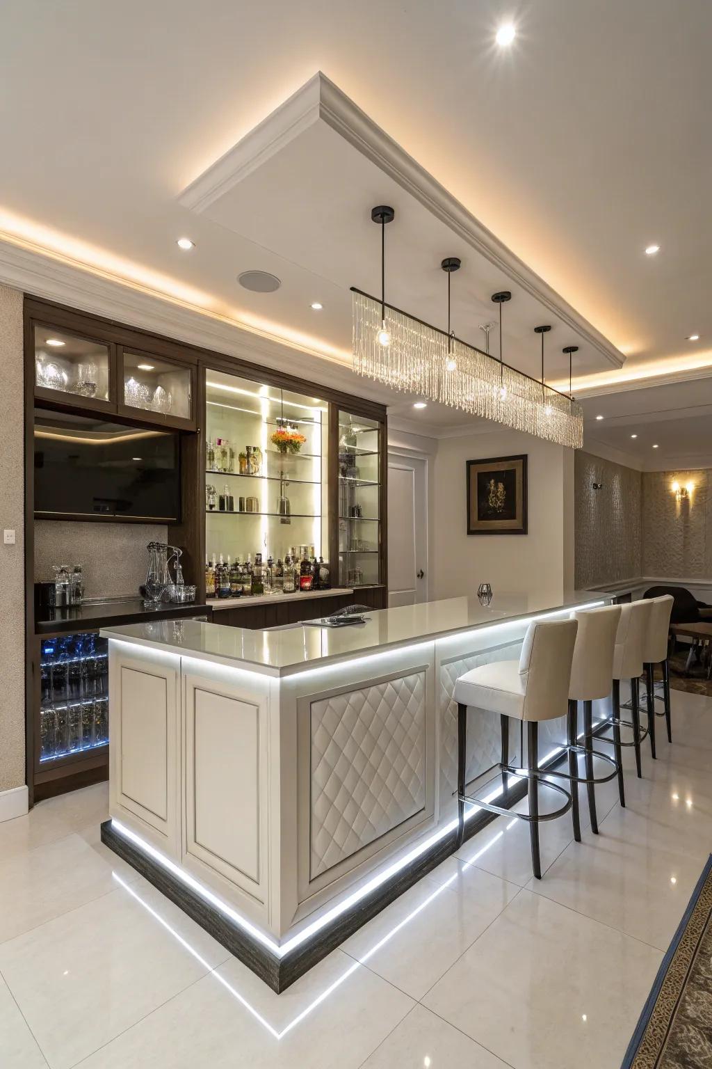 A sophisticated and modern bar featuring minimalist design and integrated lighting.