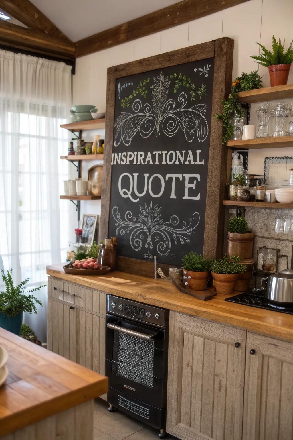 A kitchen chalkboard featuring an inspirational quote to start the day on a positive note.