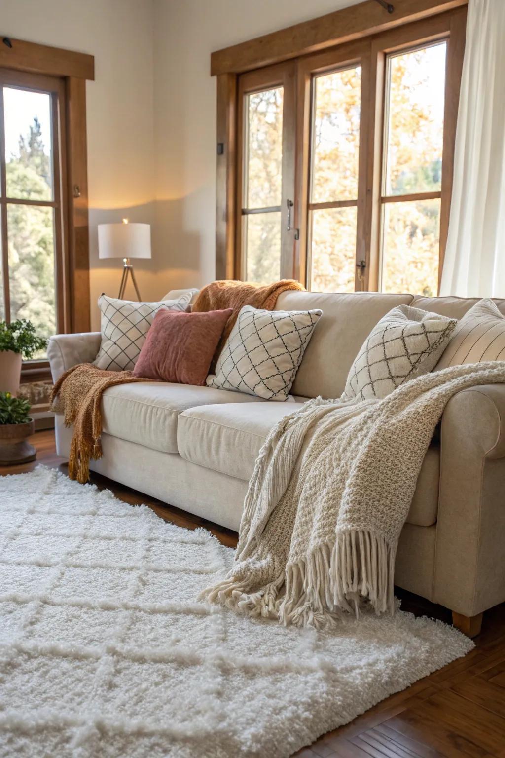 The warmth from textured elements such as floor coverings and throws in the space.