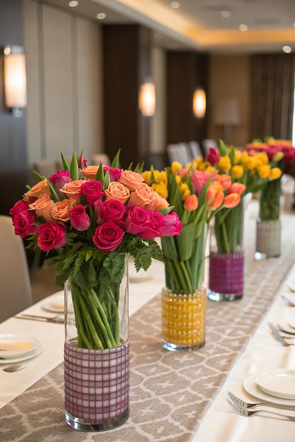 Fresh flowers contribute color and aroma to your centerpiece.