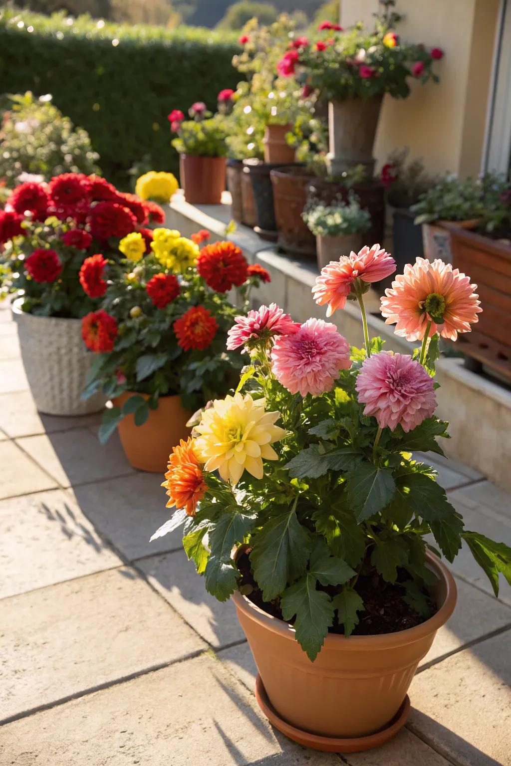Sunburst blossoms thriving in fashionable containers on a veranda.
