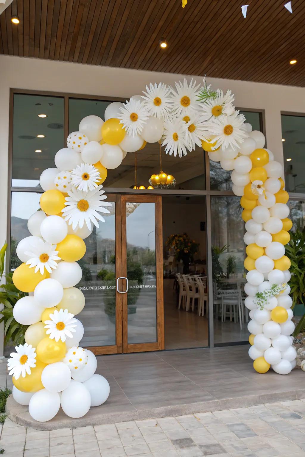 Greet your guests with an enchanting daisy balloon arch.