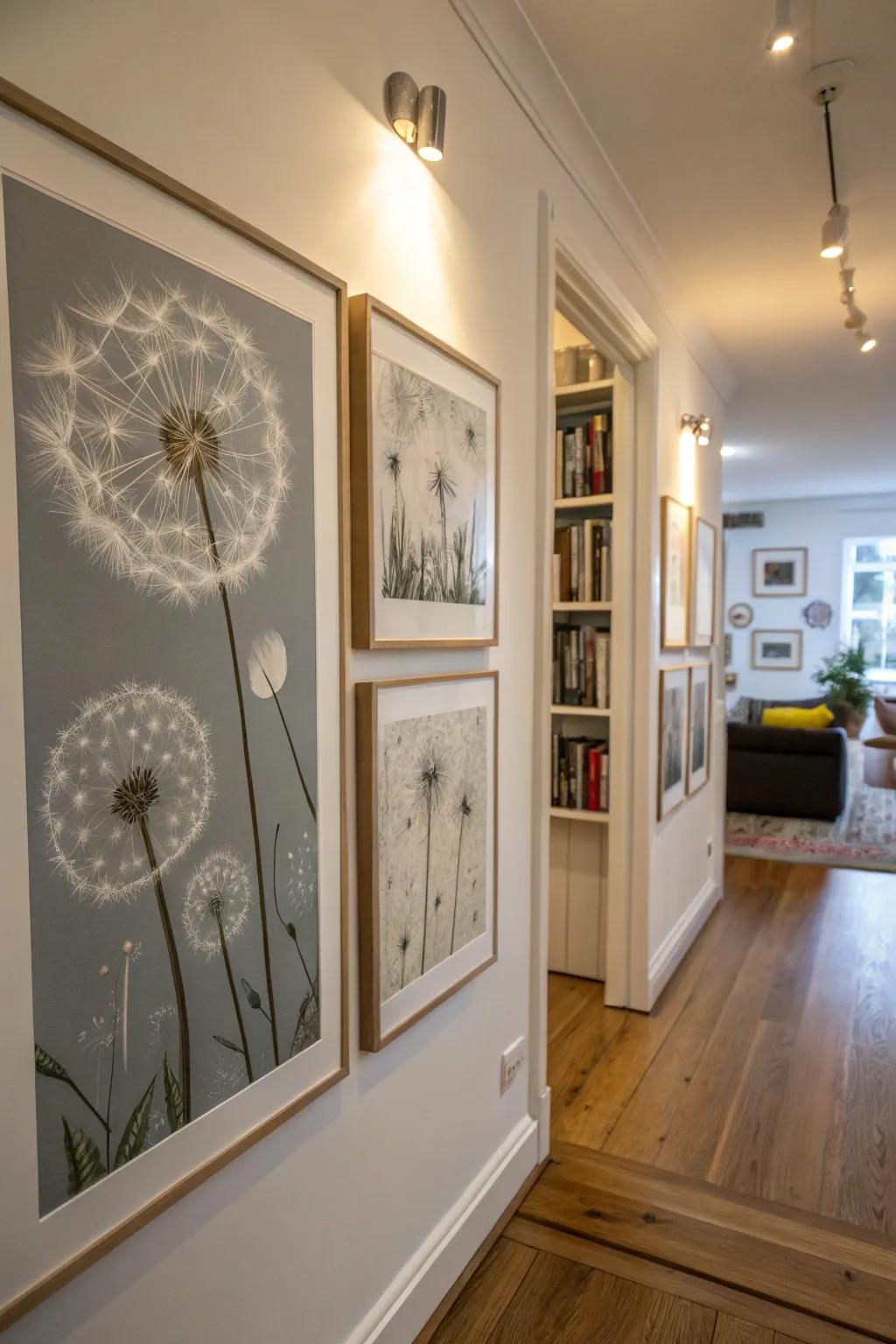Abstract dandelion artworks bring a hint of playfulness.