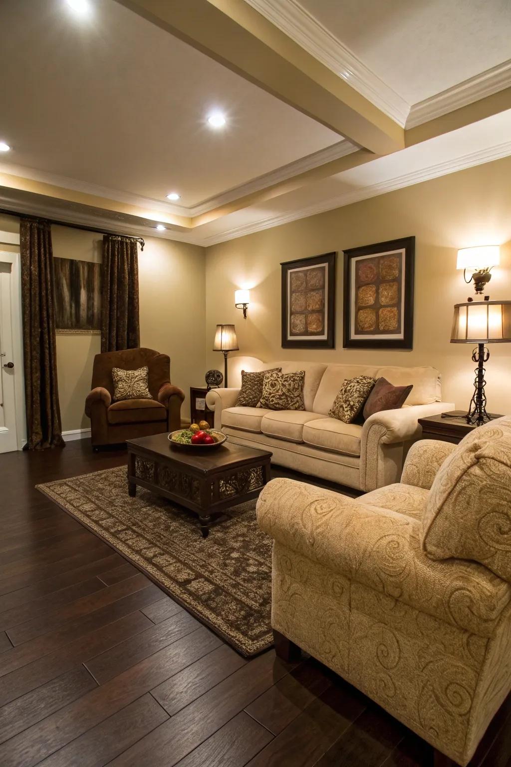 Beige walls enhance the warmth and comfort of a space with dark flooring.