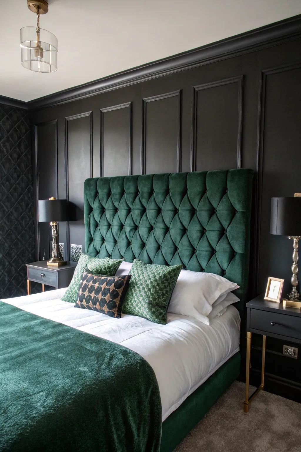 Sumptuous forest green plush textile stands out magnificently against shadowy walls.