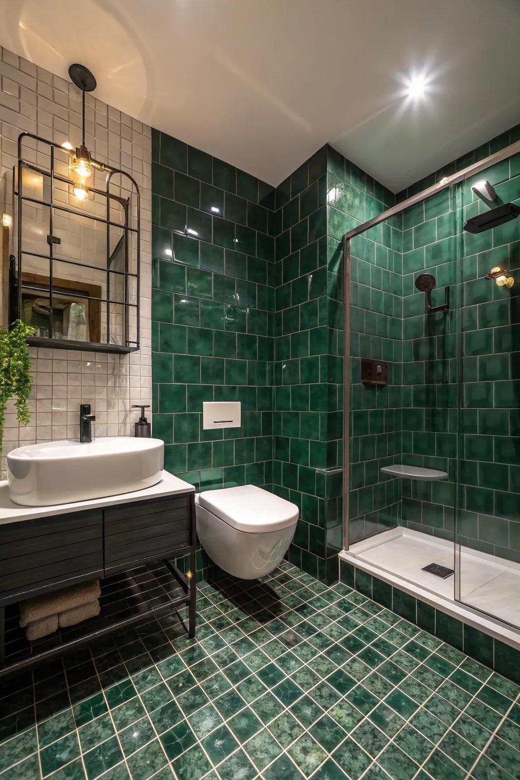 Dark green tiles add depth and a touch of luxury.