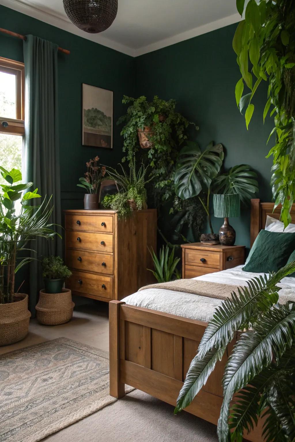 A shadowy jade bedroom decorated with wood furniture and abundant indoor plants.