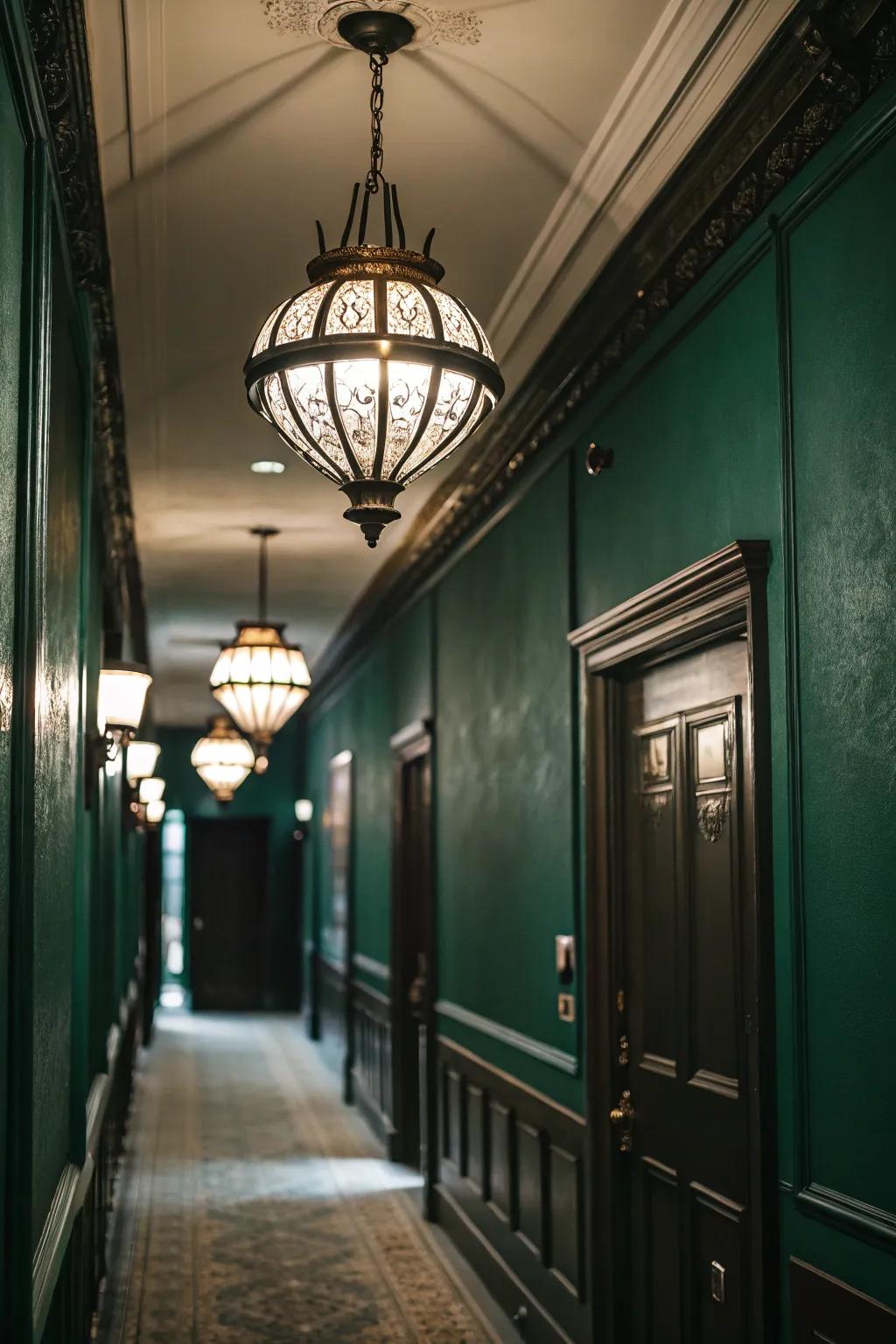 Suspended lighting enriches this dark green hallway.