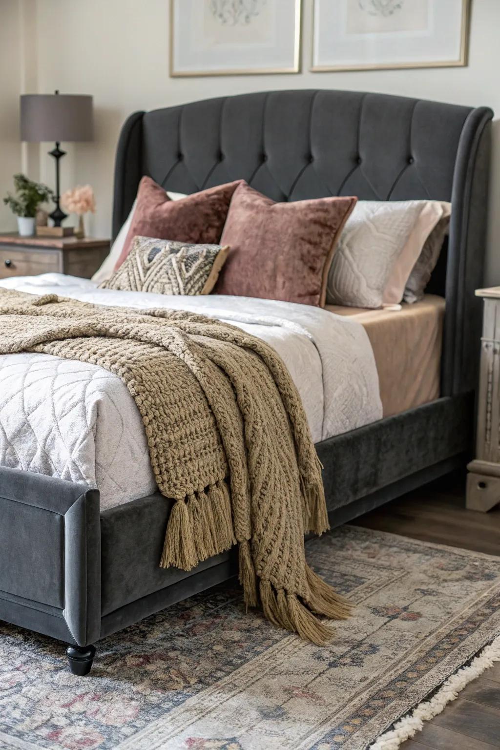 A texturally dynamic boudoir displaying a deep charcoal bedstead and opulent fabrics.