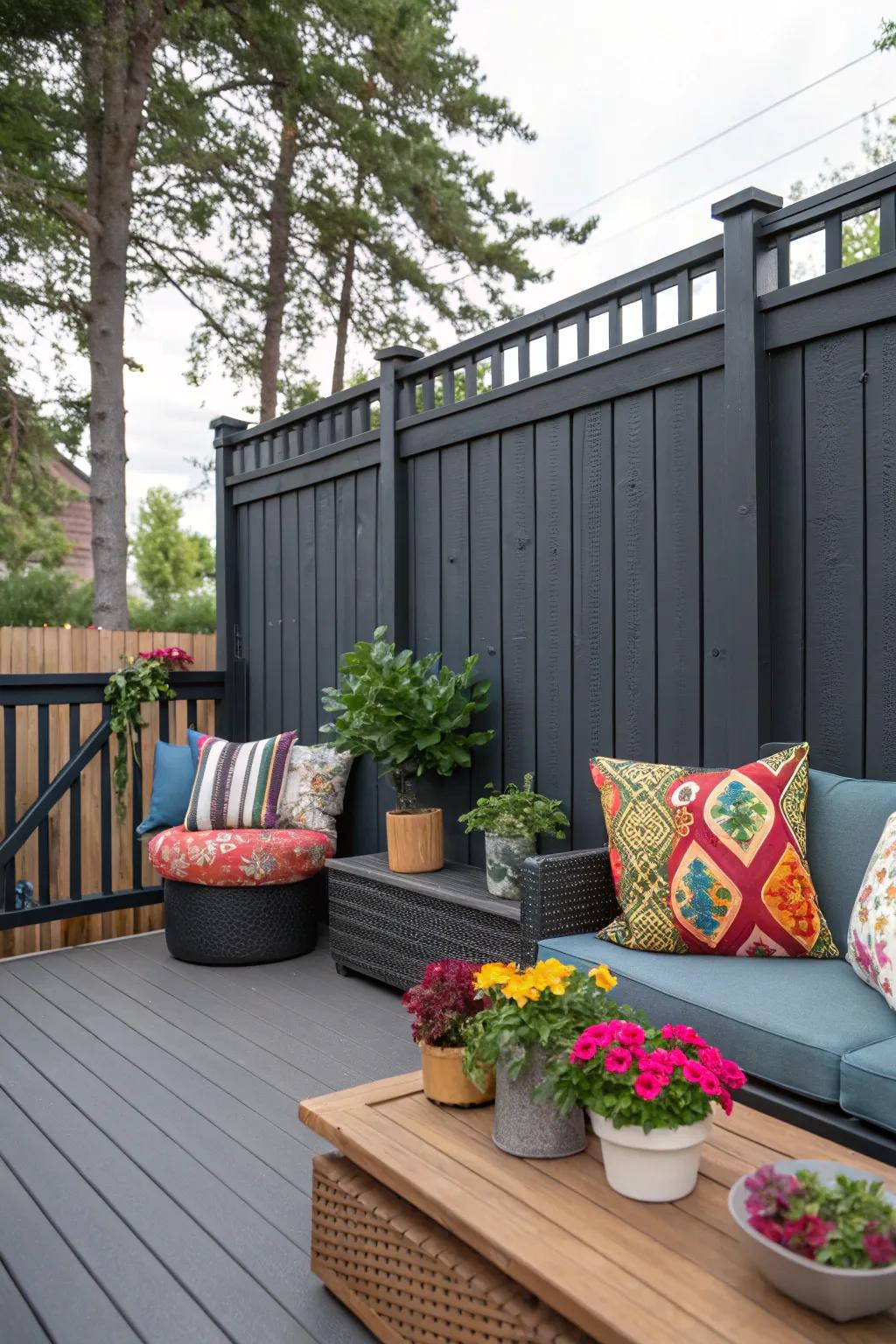 A comfortable patio featuring a deep charcoal privacy fence, highlighted with colorful cushions and plant holders.
