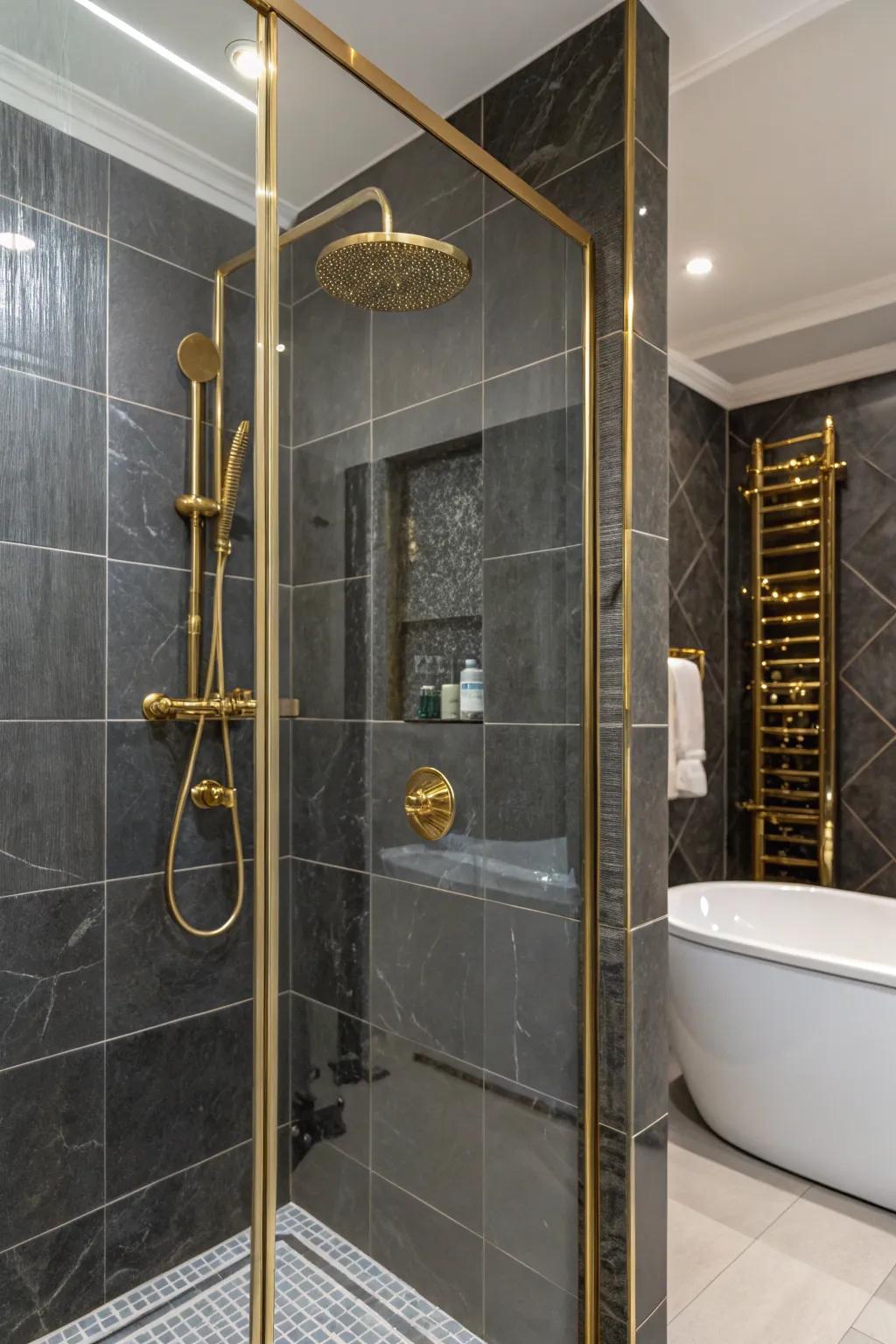 Sheen tiles and gold pieces bring a lavish feel to this bath area.