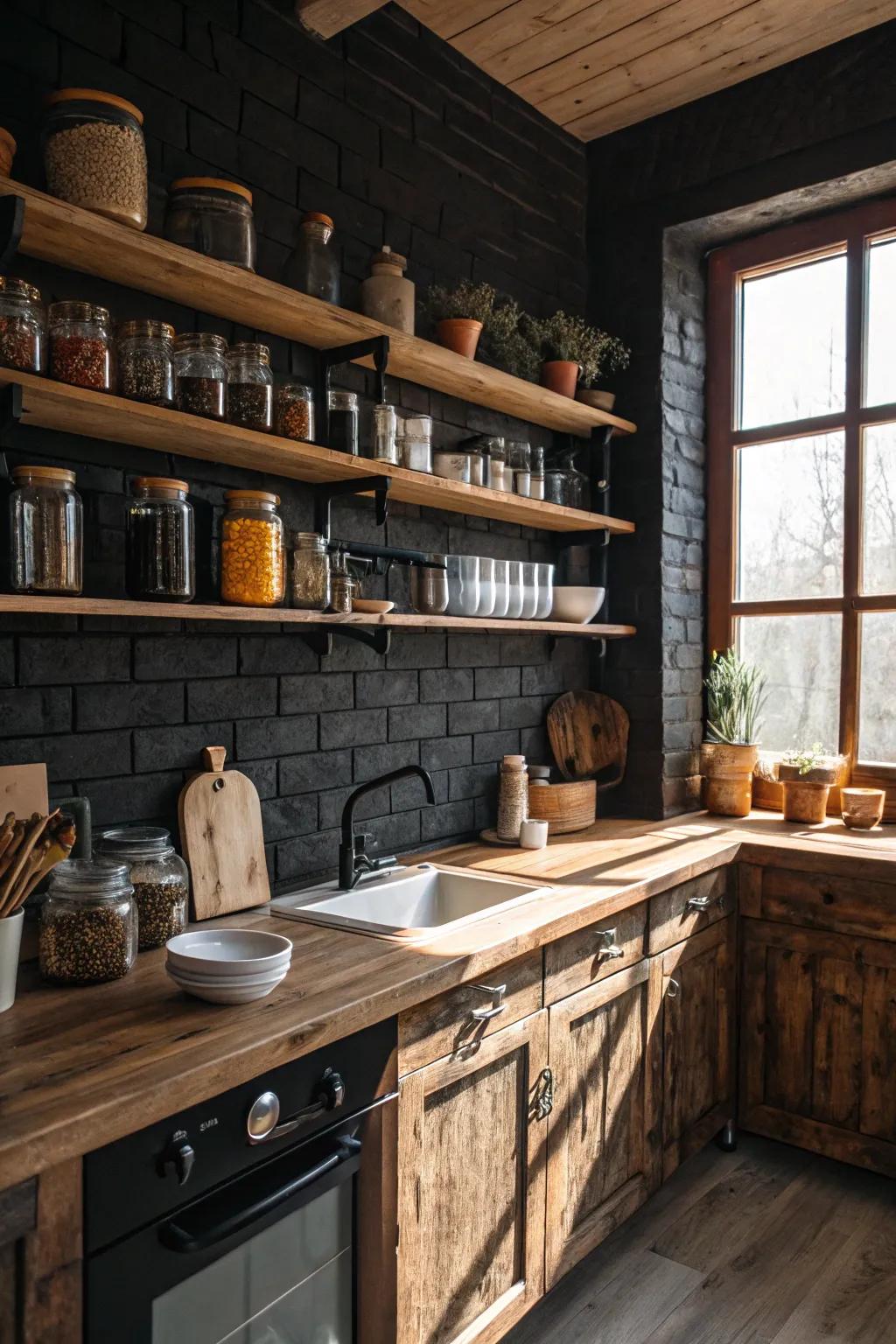 A rustic kitchen design featuring a dark brick backsplash combined with wooden shelving for a welcoming ambiance.